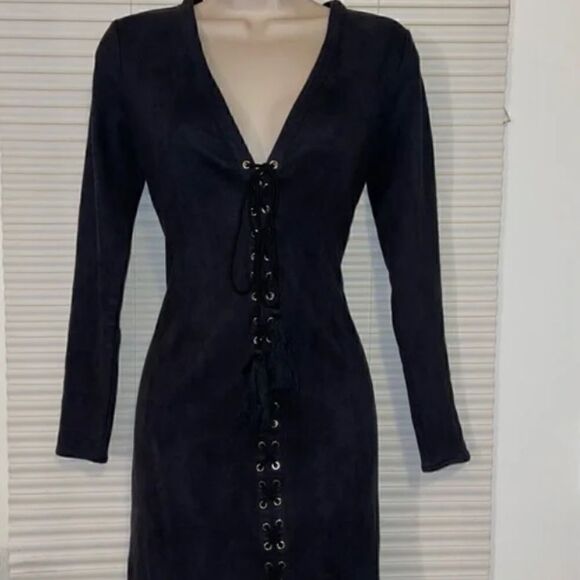🕷️GIANNI BINI “ROXY” stretchy BLACK LACE-UP MINI DRESS SZ SMALL fits like M-L - Picture 9 of 10